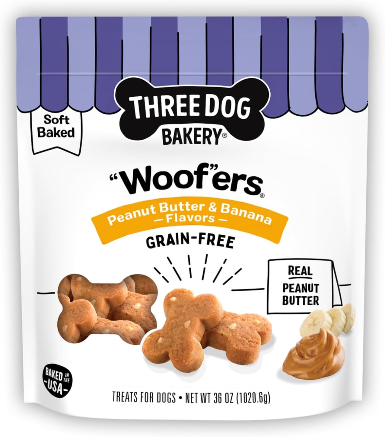 Three Dog Bakery Woofers Peanut Butter & Banana Dog Treats - 36 oz Bag
