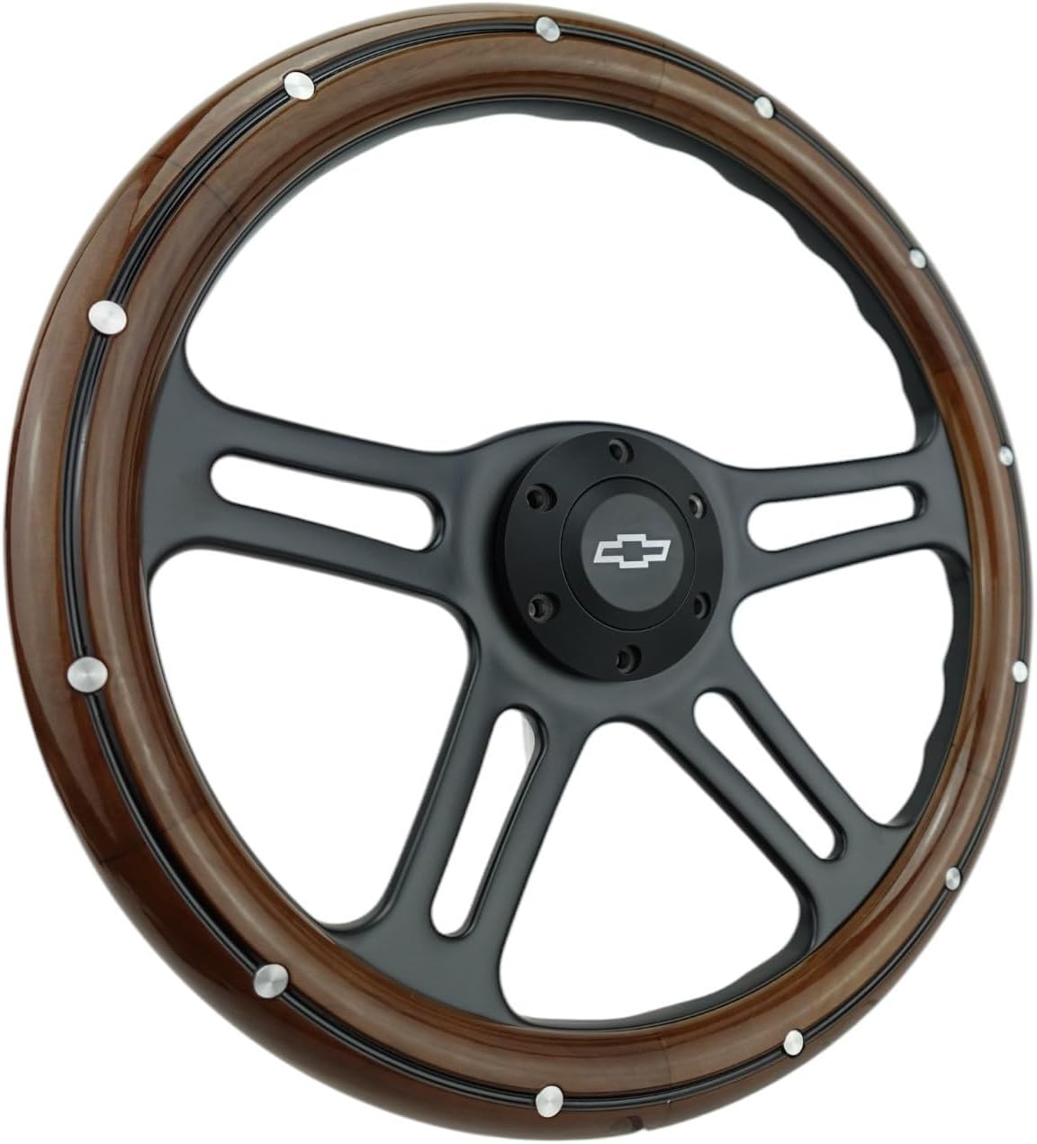 14" Billet Black Aluminum Steering Wheel w/Real Mahogany Wood Rivet Half wrap & Chevy Engraved Horn
