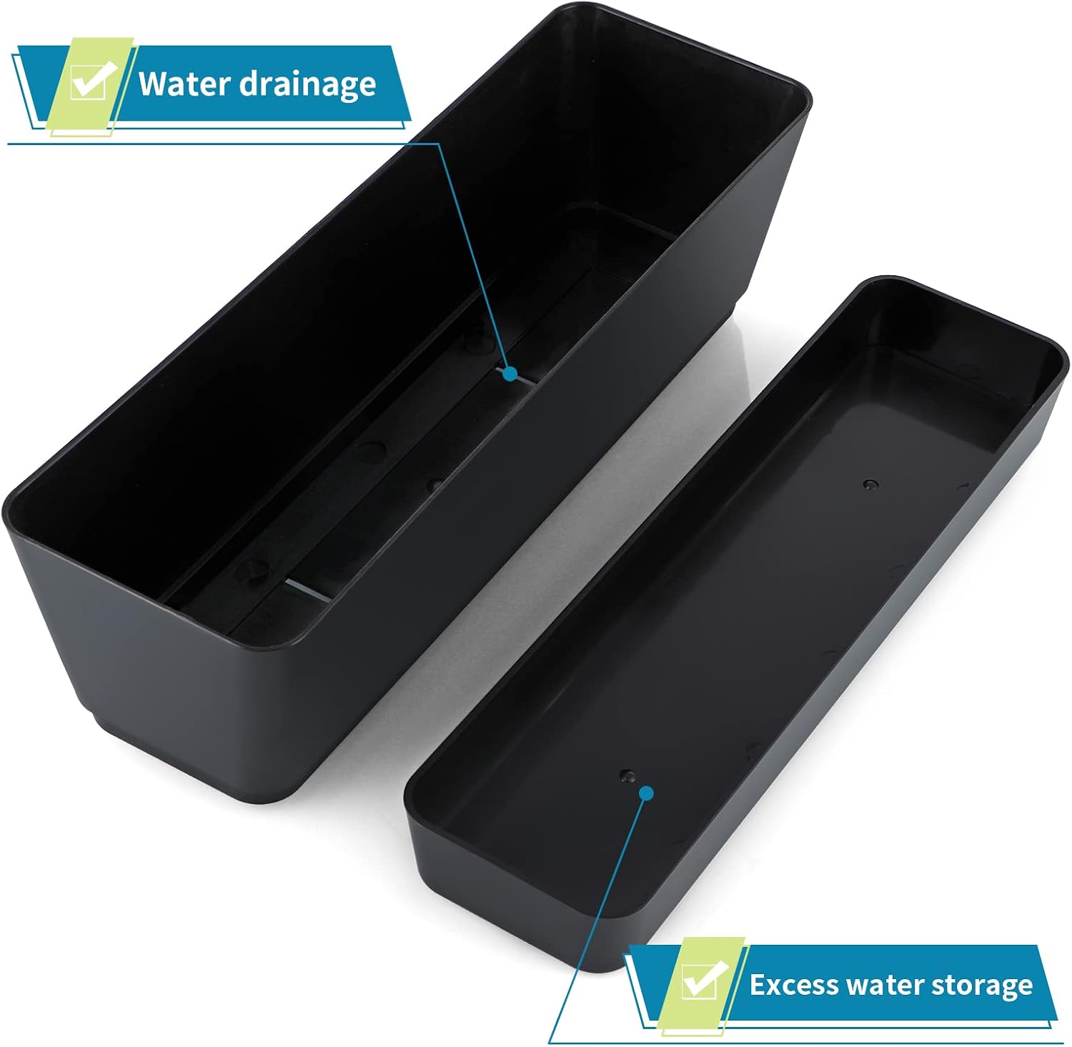 Skelang 3 Pcs Rectangular Plant Pot, 12" Watering Container with Drainage Hole, Window Planter Box with Saucer for Succulents, Flowers, Indoor Plants