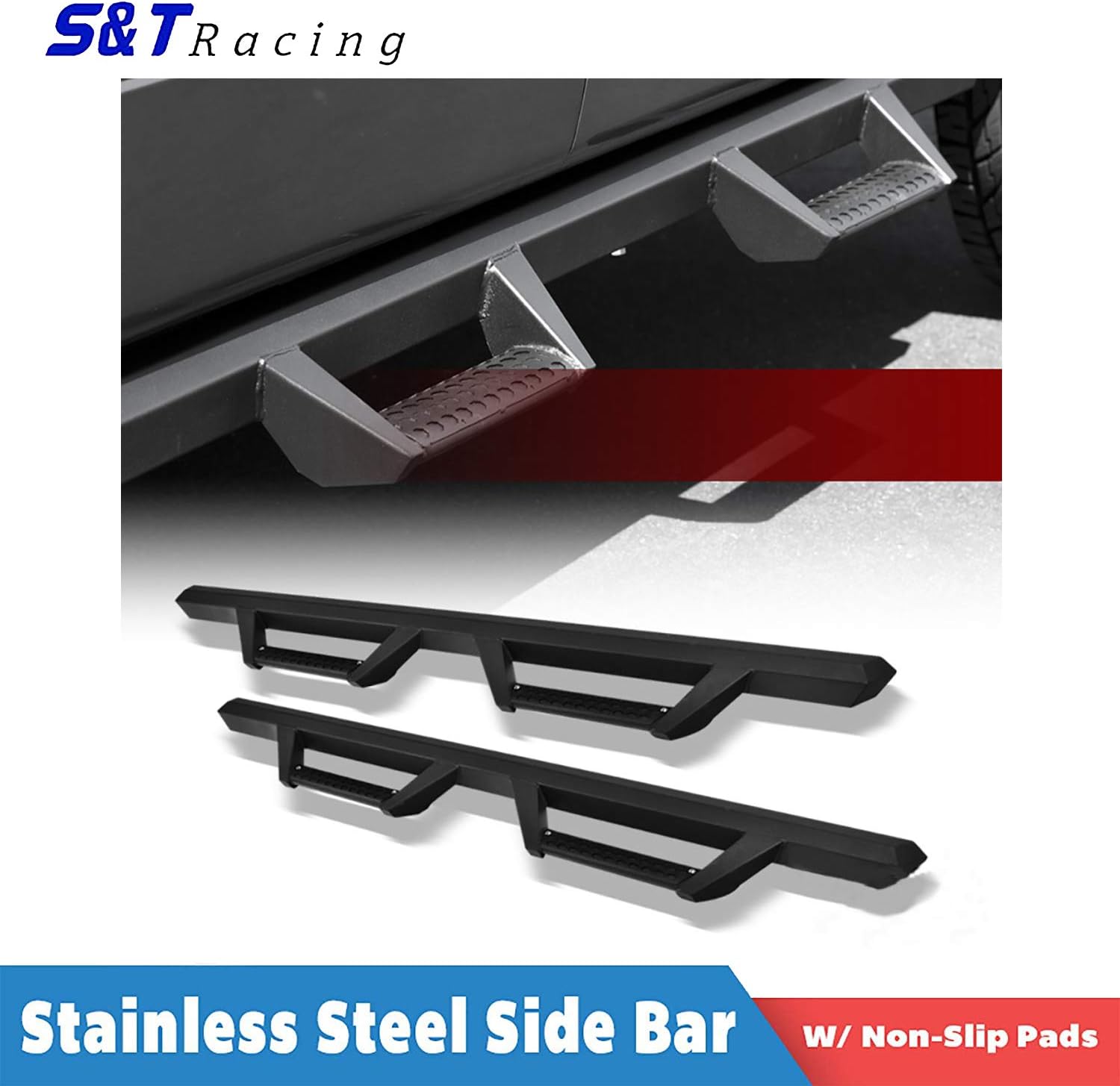 S&T Racing Side Step Bars Matte Black Hoop Drop Running Boards 2009-2019 for Ram 1500 Quad