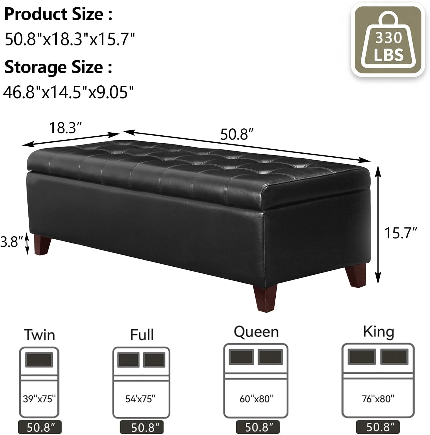 51 Inch Storage Bench,Leather Tufted Storage Ottoman with Legs | Safety Hinges,Wooden Legs,Upholstered,End of Bed,Bedroom,Living Room,Entryway,330LBS,Brown