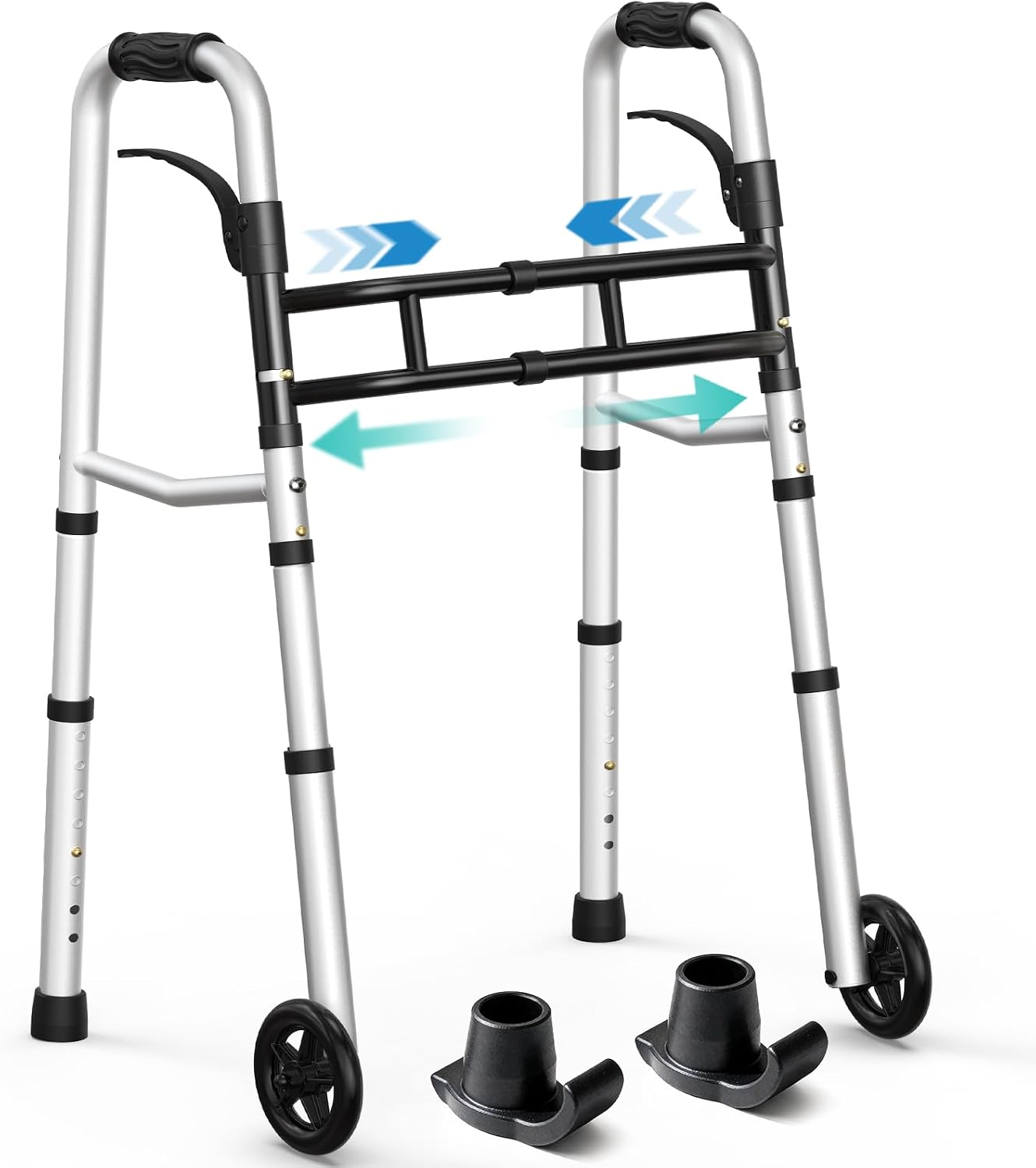 HOMENURSE Folding Walkers for Seniors with Skis, Width & Height Adjustable | Narrow Walker with 5" Wheels for Small Spaces, Aluminum Lightweight Standard Rolling Walker, Supports Up to 300lbs, Silver