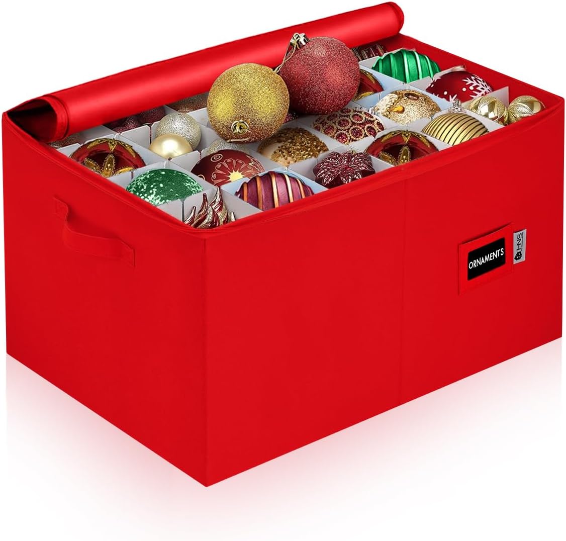 Christmas Ornament Storage Container with Dividers - Box Stores Up to 54 Ornaments, Zippered, Convenient, Adjustable