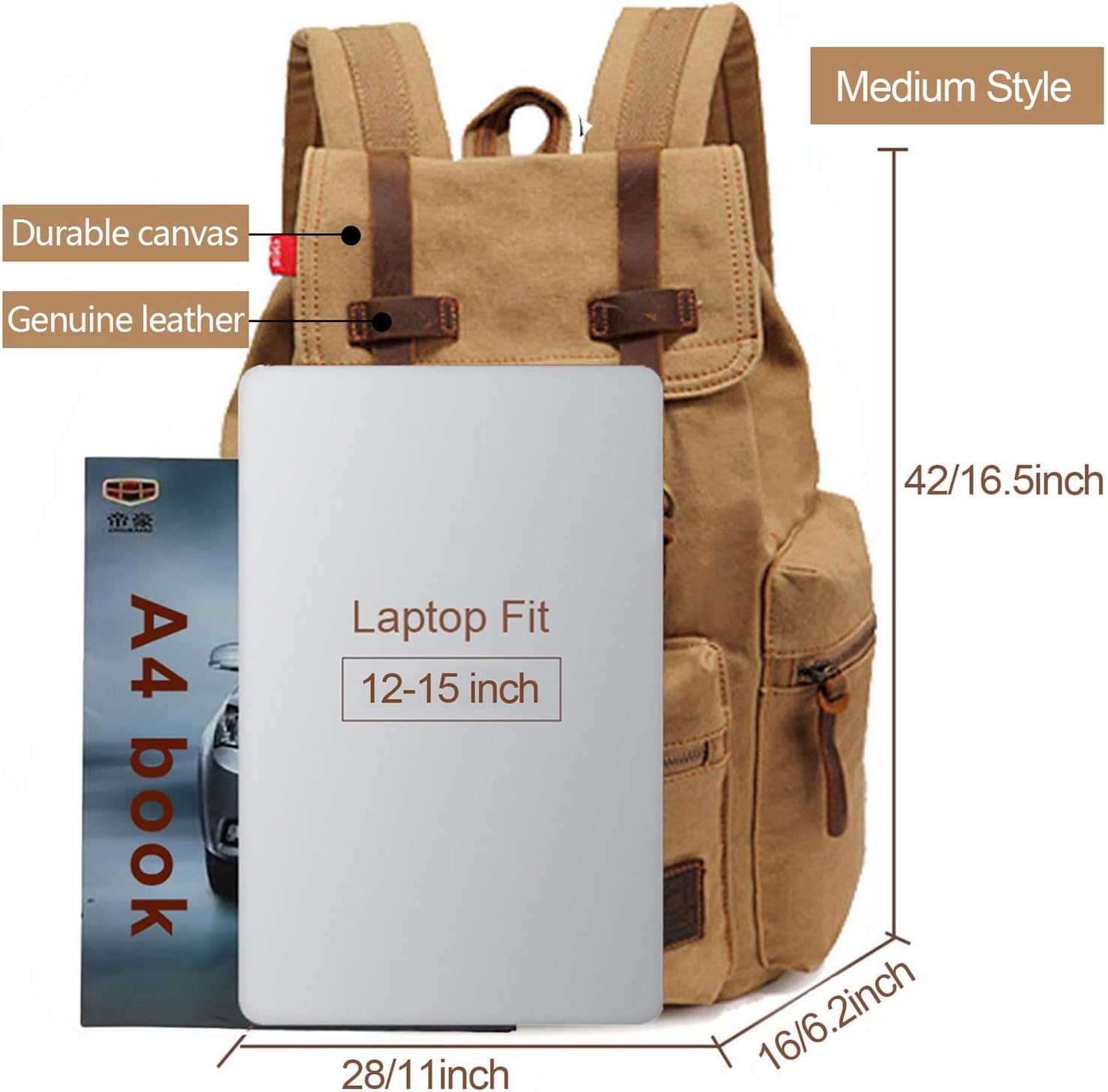 AUGUR High Capacity Canvas Vintage Backpack - for School College Hiking Travel 12-17" Laptop