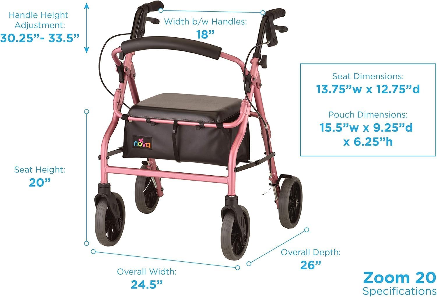 NOVA Zoom 22 Rollator Walker for Seniors, Rolling Walker with Locking Hand Brakes, Padded Seat & 8" Wheels, Lock N Load for Easy Transport & Storage, Adjustable Height 5'5"–6'1", Red