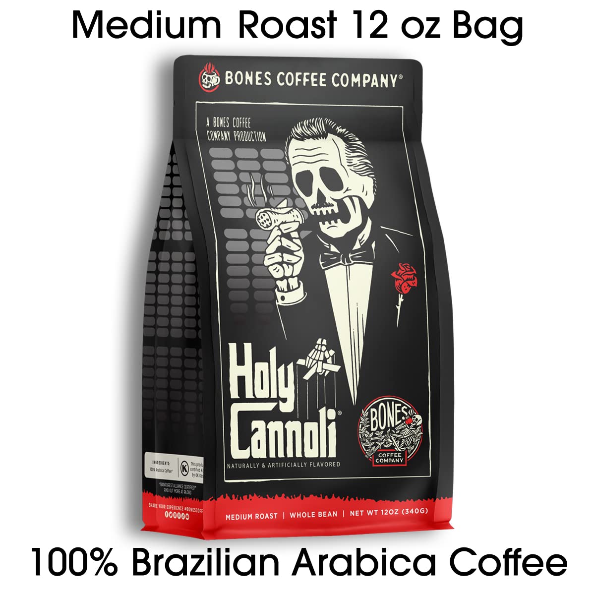 Bones Coffee Company Highland Grog, Butterscotch Caramel Flavored Coffee, Medium Roast Low Acid Arabica Beans Compatible with Auto drip and French Press Coffee Maker, 12 Oz Whole Bean