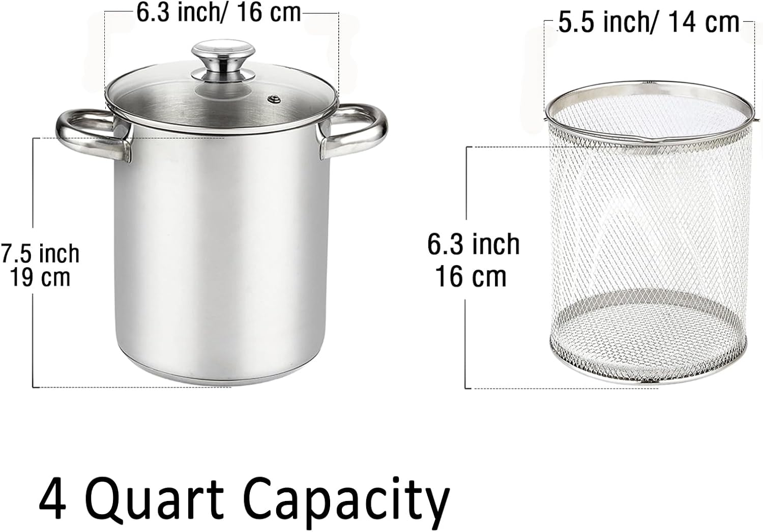 Cook N Home Basics 4-Quart Deep Fryer Pot with Basket, Japanese Tempura Small Stainless Steel Frying Pot with Oil Drip Drainer Rack, Glass Lid, Suitable for Kitchen French Fries, Chicken