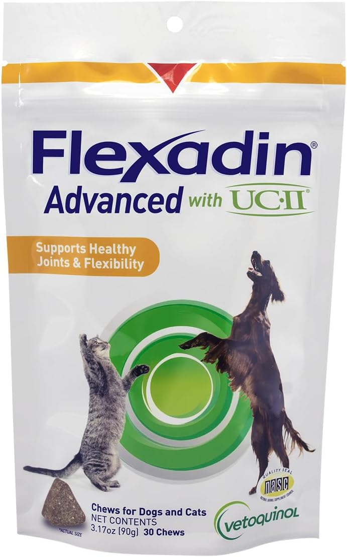 Vetoquinol Flexadin Advanced Hip and Joint Supplement with Undenatured Collagen for Dogs, One Chew a Day Hip and Joint Support Chew for Dogs and Cats, Clinically Proven Vet-Approved Formula, 60 Chews