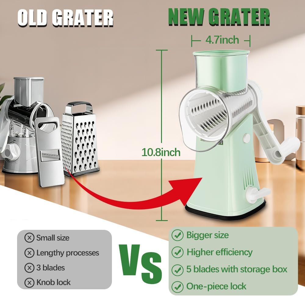 5 in 1 Rotary Cheese Grater Hand Crank, Cheese Shredder with Handle
