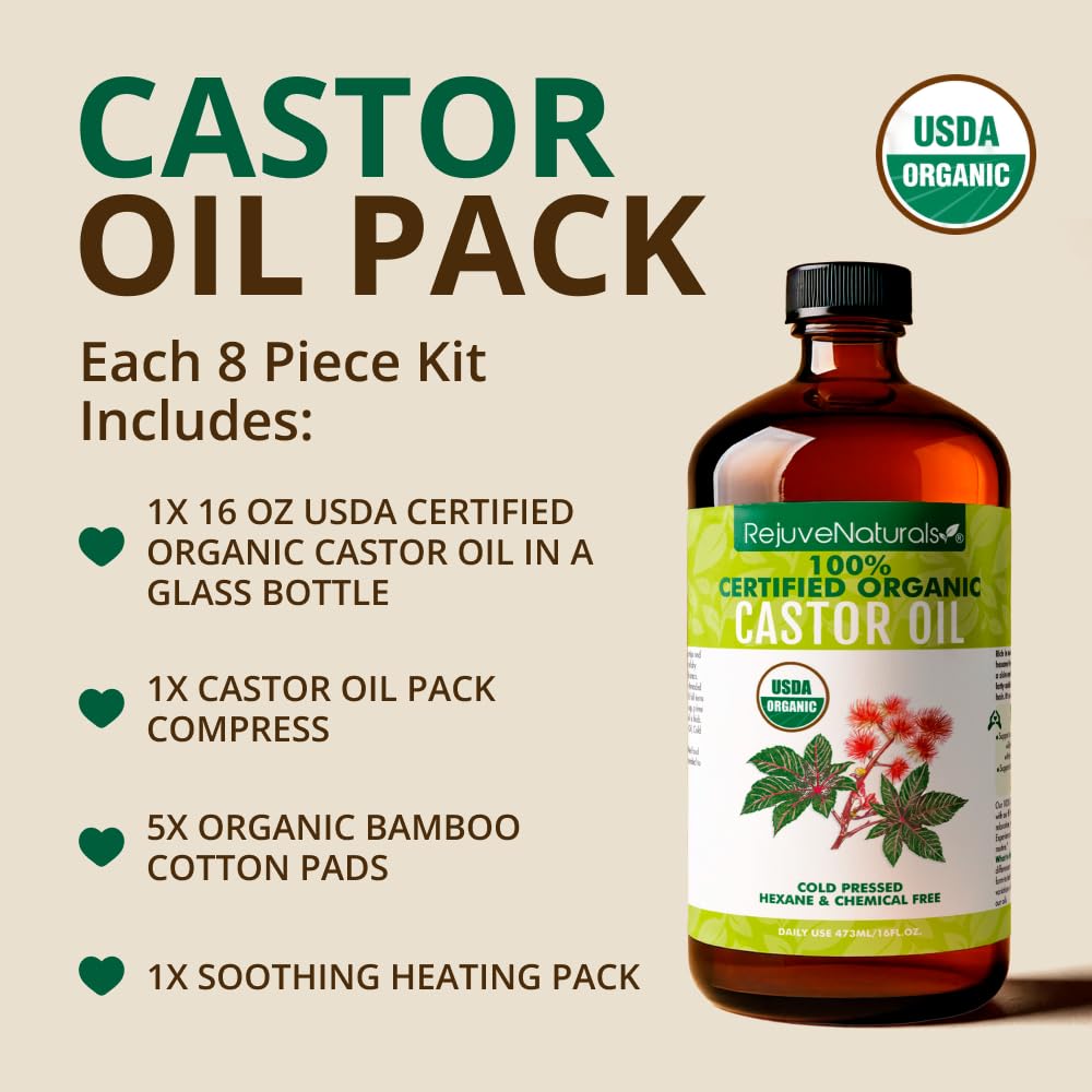 RejuveNaturals Castor Oil (16oz Glass Bottle) USDA Certified Organic, 100% Pure, Cold Pressed, Hexane Free. Boost Hair Growth for Thicker, Fuller Hair, Lashes & Eyebrows.