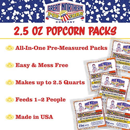 Movie Theater Style 40-Count Popcorn Packs - Pre-Measured 8-Ounce All-in-One Kernel, Salt, Oil Packets for Popping Machines by Great Northern Popcorn | All-in-One Pre-Measured Kernels, Butter Flavored Salt, and Coconut Oil Packets for 8oz Kettle - Movie…