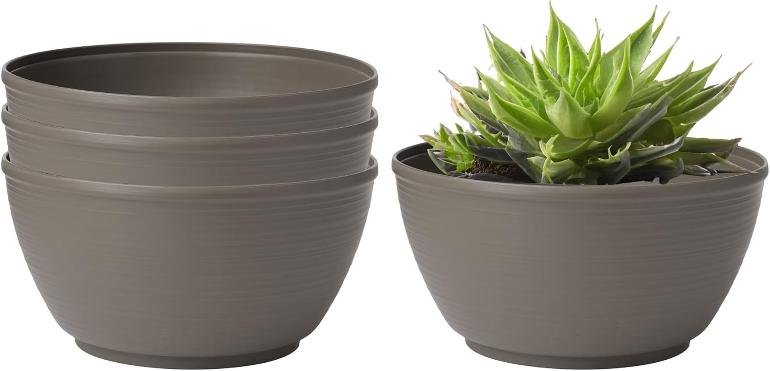 Bloem Willow 12" Plastic Plant Bowl, Deep Round Garden Pot, Peppercorn | Sealed plant bowl with knockout drainage, perfect for displaying herbs and succulents on indoor and outdoor surfaces.