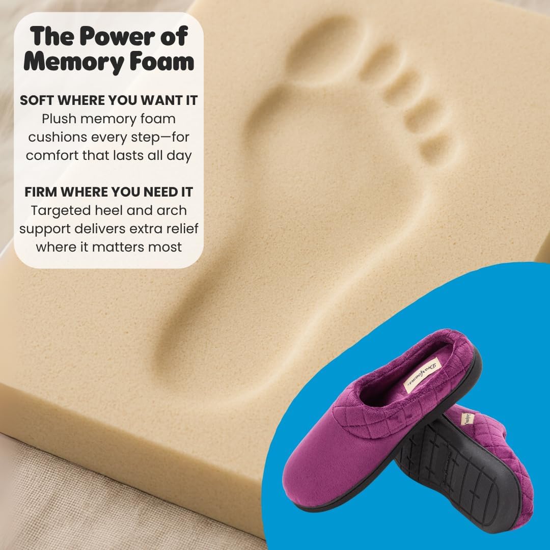 Dearfoams Women's Lightweight Memory Foam Indoor House Slipper Darcy Velour Clog with Wide Widths