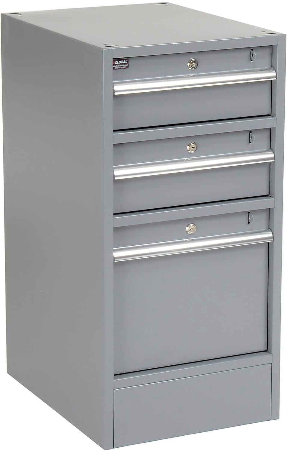 Global Industrial Pedestal Workbench, 3 Drawers & 1 Cabinet, Gray Pedestal | 72"W x 30"D x 33-5/8"H, 1-5/8" Thick Laminate Top with Safety Edge