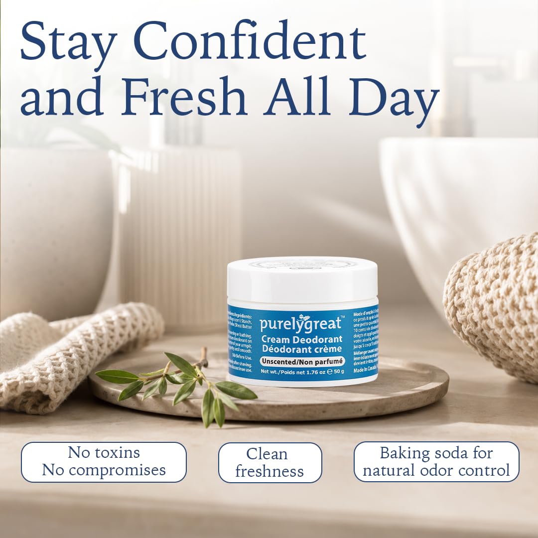 Purelygreat Natural Unscented Cream Deodorant for Women & Men | Aluminum Free Deodorant Women & Men | Vegan & Long Lasting Odor Control | Chemicals, Parabens, BPA & Cruelty Free | 1.76 oz