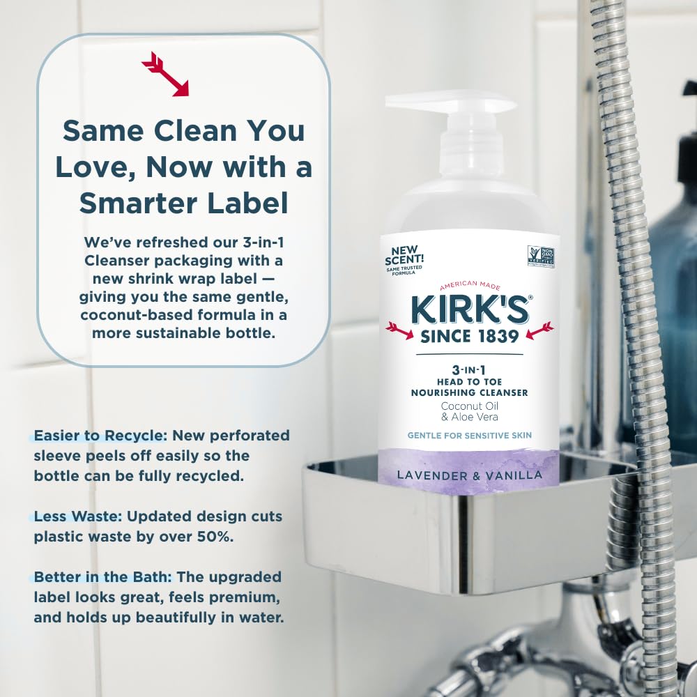 Kirk's Juniper & Lime​ 3-in-1 Nourishing Cleanser, Shampoo Body Wash Bubble Bath, Coconut Oil and Aloe Vera, Vegan Non-GMO, 32 Fl Oz