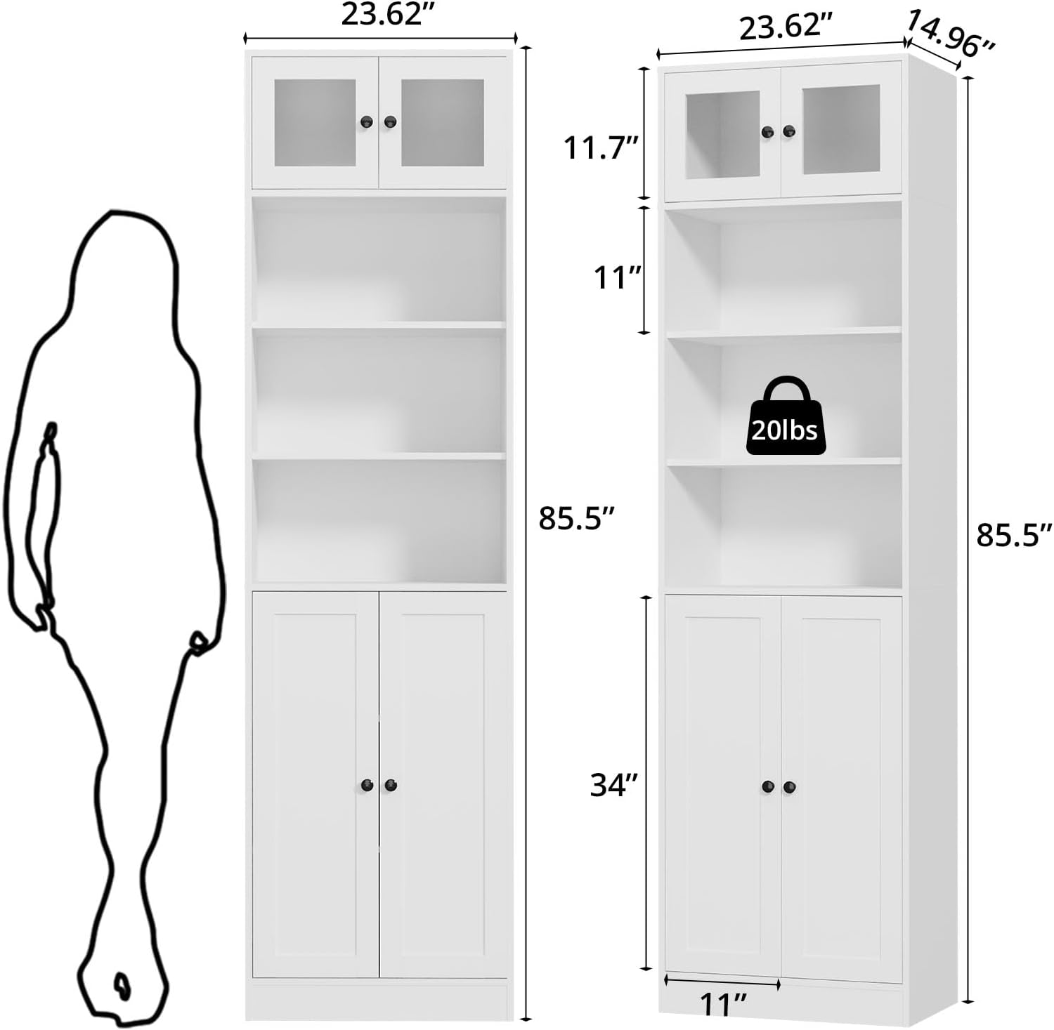 TUSY 85.5 Inch Tall Bookshelf with Doors - 7 Tier Bookcase with Glass Doors and Drawer, 23.6" Wide Storage Cabinet with Open Shelves for Living Room, White Book Shelf for Home Office, Study (AAAA)