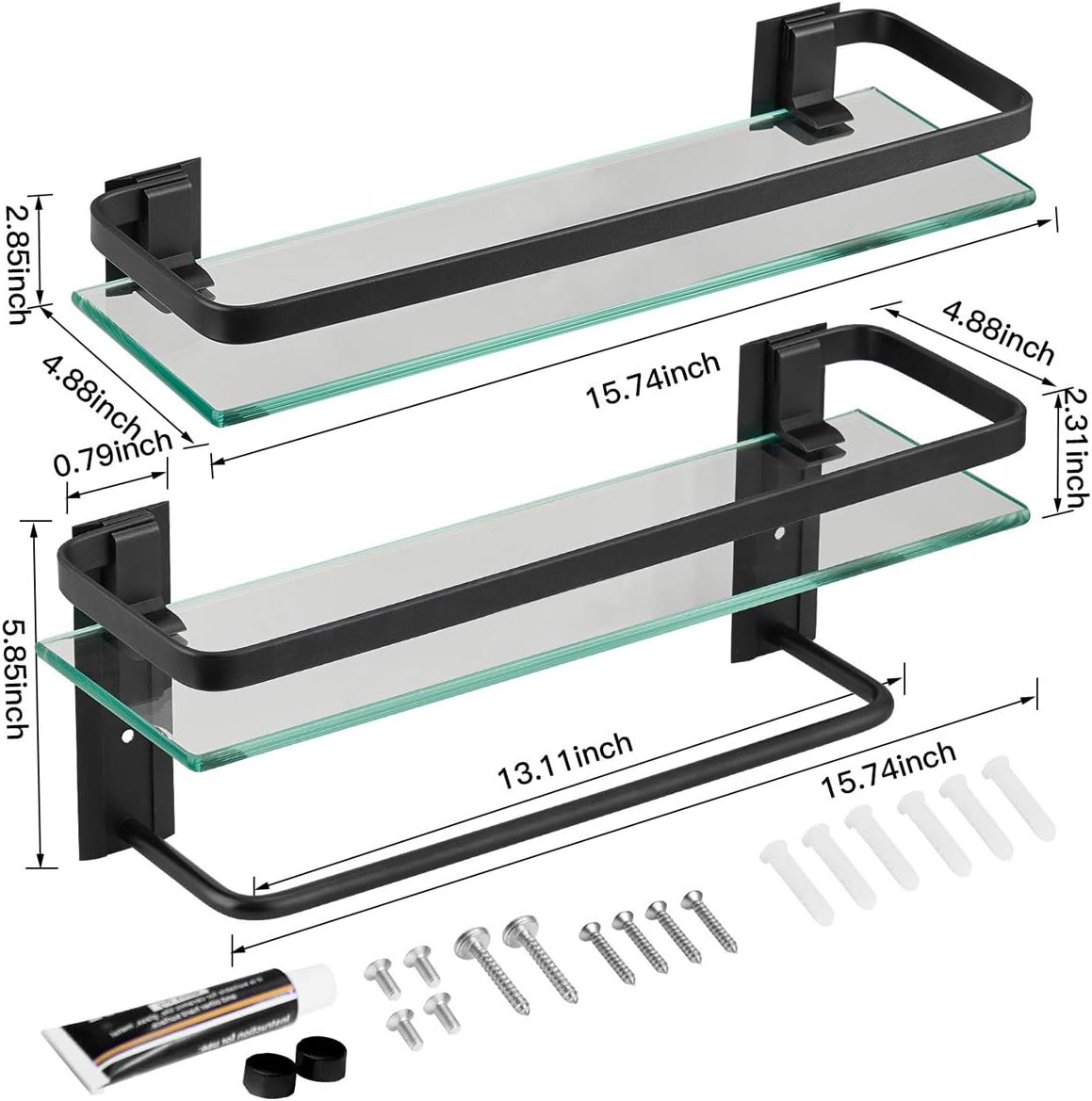 VOLPONE Bathroom Wall Shelf 15.7in Bathroom Glass Shelves Wall Mount Glass Shelf Rustproof Bathroom Wall Organizer 3 Tier (Sliver)