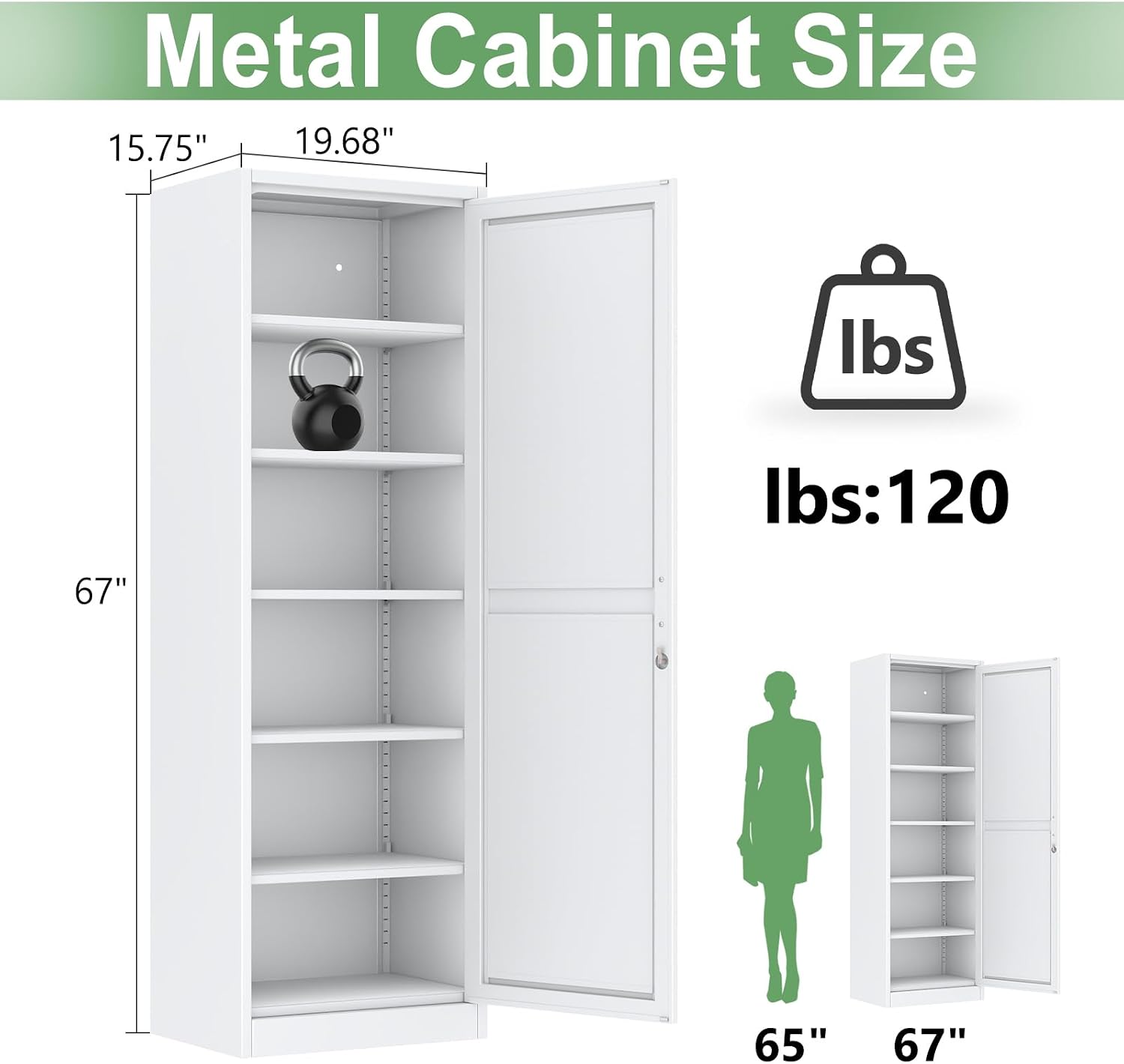 Ckzbx Tall Narrow Storage Cabinet 66.93" H Tall Bathroom Cabinet Metal Pantry Cabinets, 4 Adjustable Shelves for Kitchen, Home Office, Living Room, Dinning Room (20 inches Wide White)