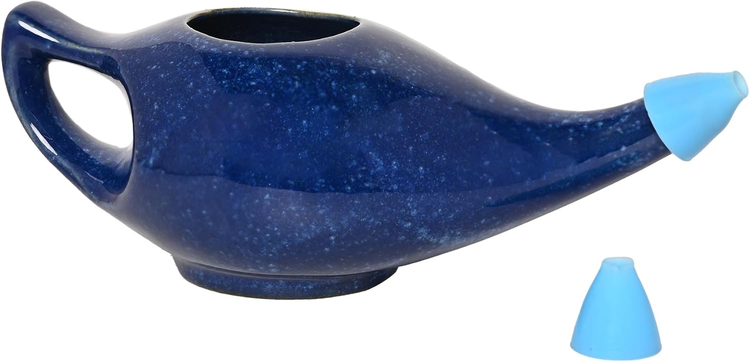 Ceramic Neti Pot Sinus Rinse Nasal Wash with Salt, Dishwasher Safe, 225 Ml. Capacity (Blue Dapple)