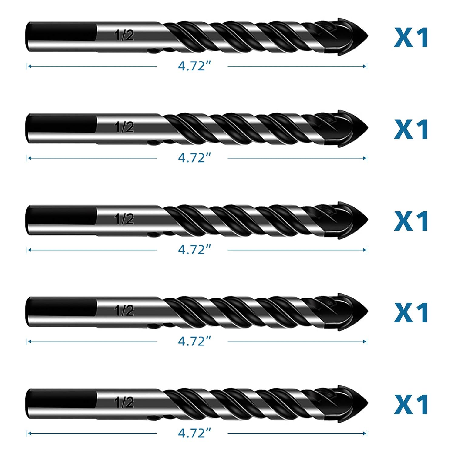 10-Piece Masonry Drill Bit Set for Concrete Tile Glass Ceramic Brick, 1/8 to 1/2 Inch Drilling Bits with Triangle Handle