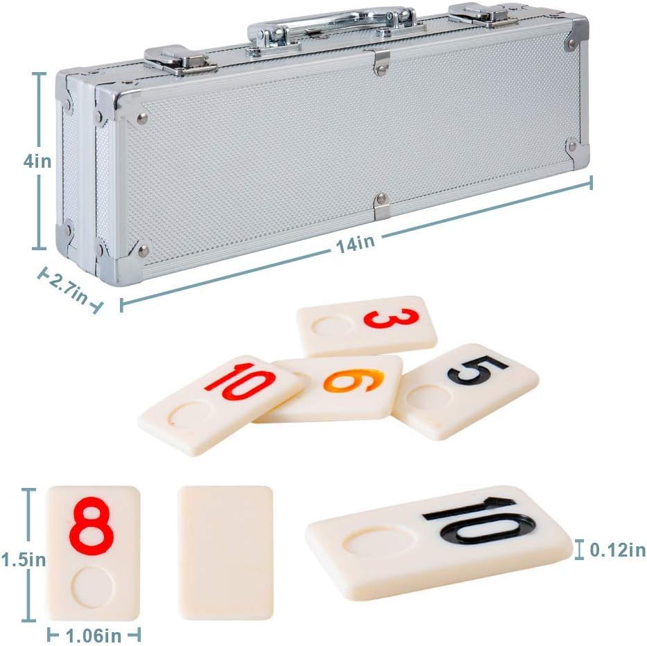 Homwom 106 Tiles Rummy Game - Travel Games Rummy Board Game Rummy Set with Aluminum Case & 4 Anti-Skid Durable Trays