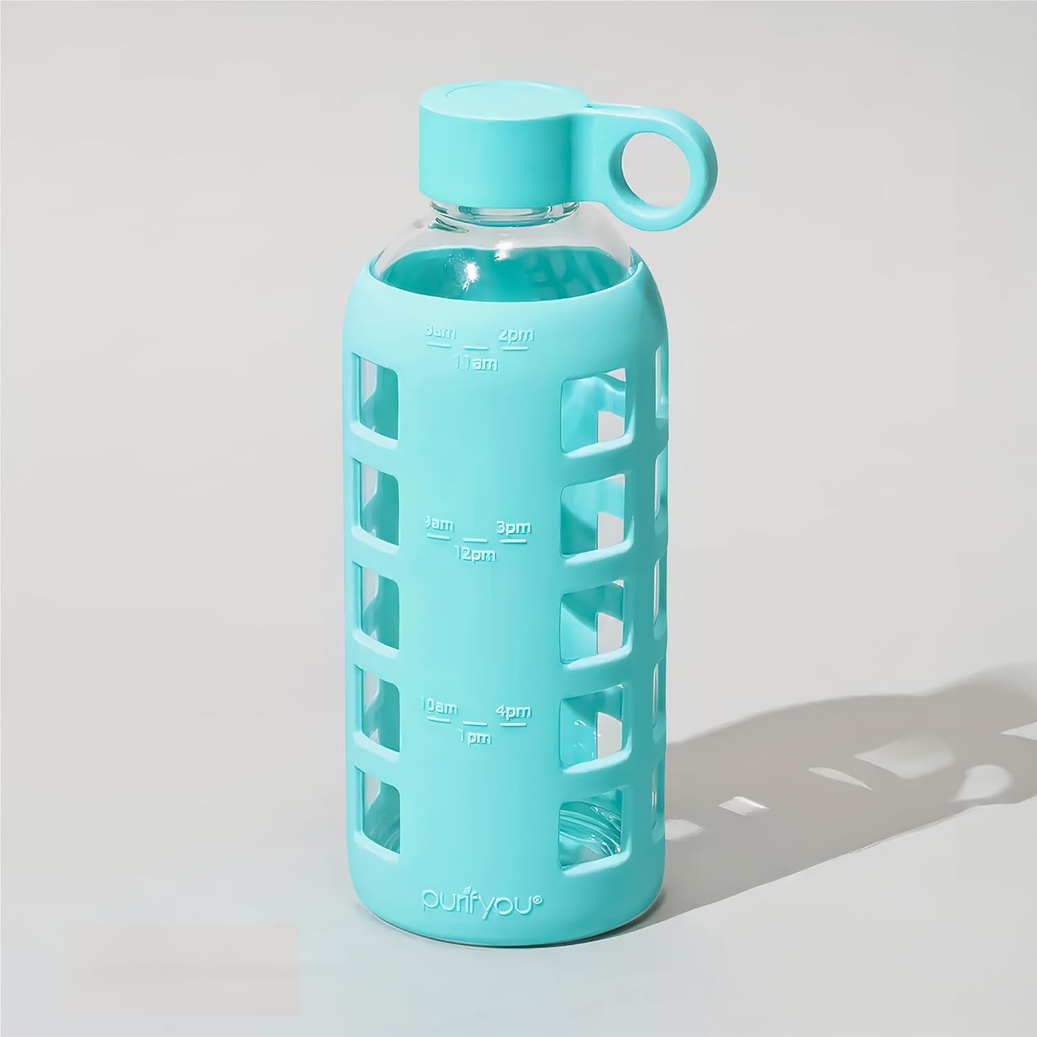 purifyou 40oz / 32oz / 22oz / 12oz Borosilicate Glass Water Bottle with Time & Volume Markers, Silicone Sleeve