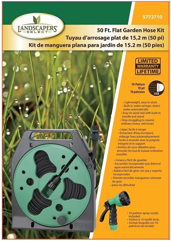 YP1121 Flat Hose Reel with Nozzle, 50'