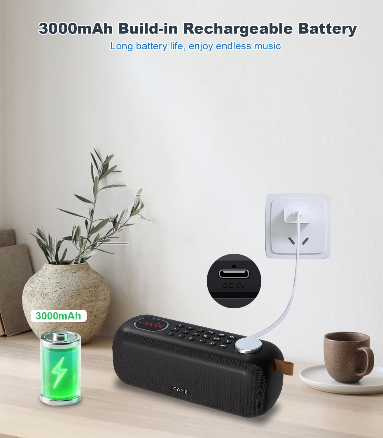 Portable Bluetooth Speaker FM Radio Digital, Support USB/SD Card MP3 Music Player/AUX/REC, Build-in 3000mAh Rechargeable Battery