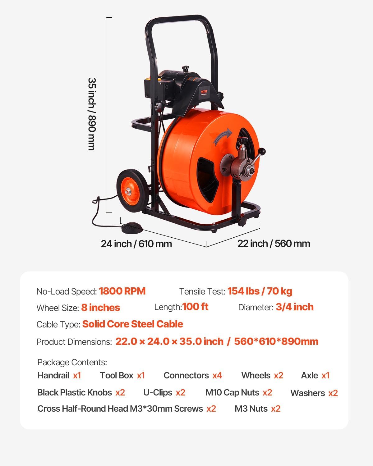 VEVOR 100FT x 3/4 Inch Drain Cleaner Machine Sewer Auger Auto Feed with 4 Cutter & Air-Activated Foot Switch for 4" to 8" Pipes, Orange, Black