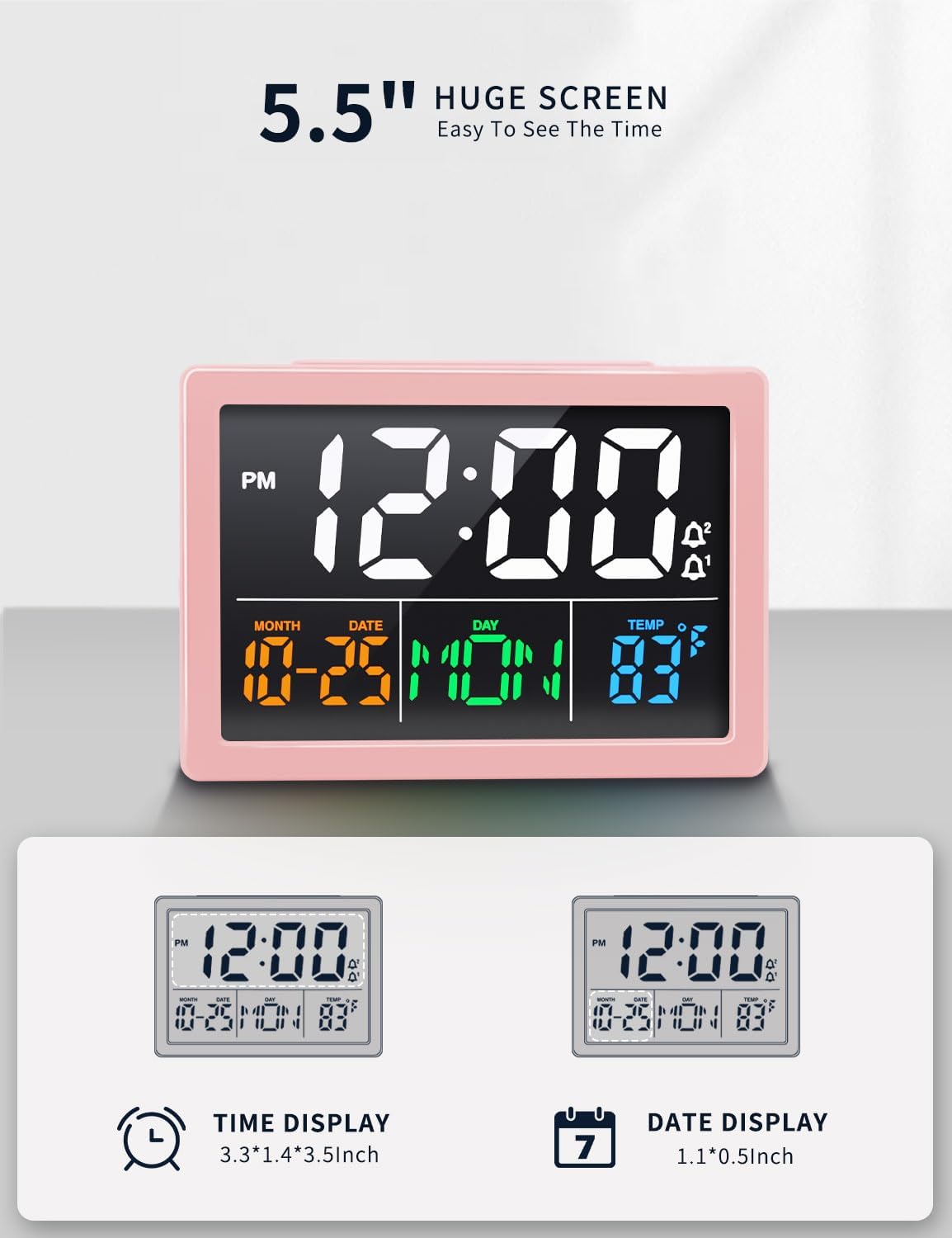 JALL Digital Clock with Date Day for Seniors, Electric Alarm Clocks for Bedrooms with Temperature, 2 Alarms, Dimmer, Dual USB Charger, Battery Backup