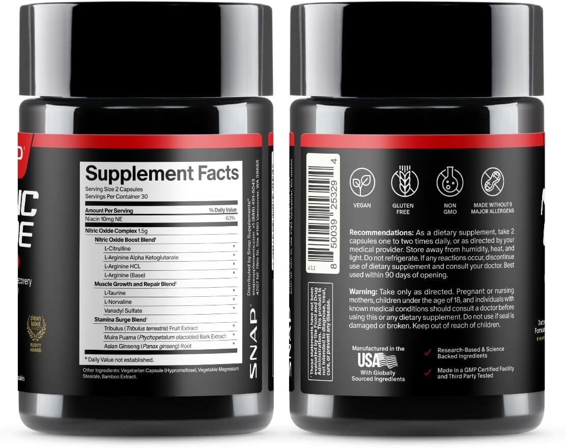 Snap Supplements Nitric Oxide Booster for Men & Women, 60 Vegan Capsules