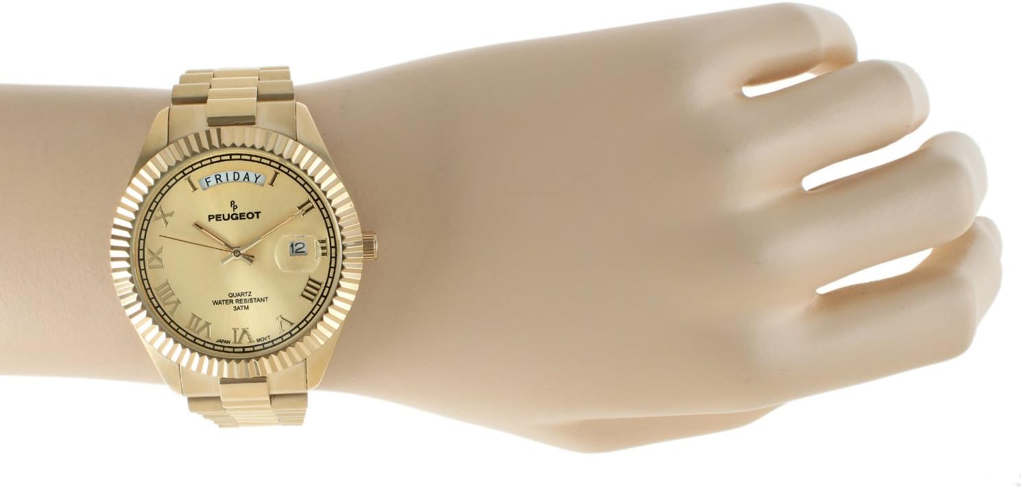 Peugeot Men's Stainless Steel Big Face Luxury Watch with Day Date Windows, Roman Numerals & Coin Edge Fluted Bezel Watch