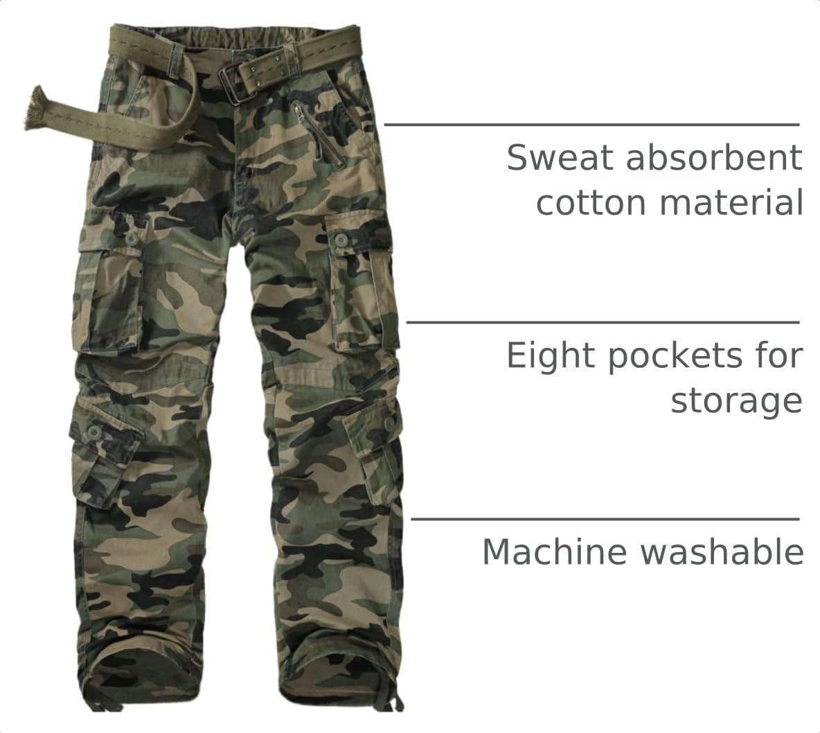 Mens Cargo Pants Camo Work Tactical Rip Stop BDU Casual Army Military Pants | 100% Cotton,Wear Resistant,Breathable,Sweat-absorbent,Men's Wild Cargo Pants with 8 Pockets,Relaxed Loose Fit Hiking Pants