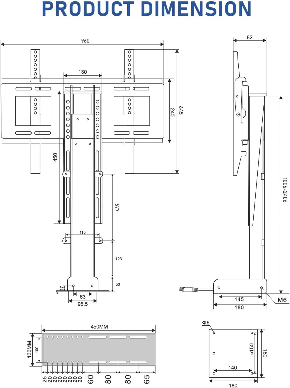 DIHOOL Motorized TV Lift for 85″ - 100″Giant Screen TVs, Pop Up Vertical TV Stand with Remote Control and Obstacle Detection, 59″ Stroke