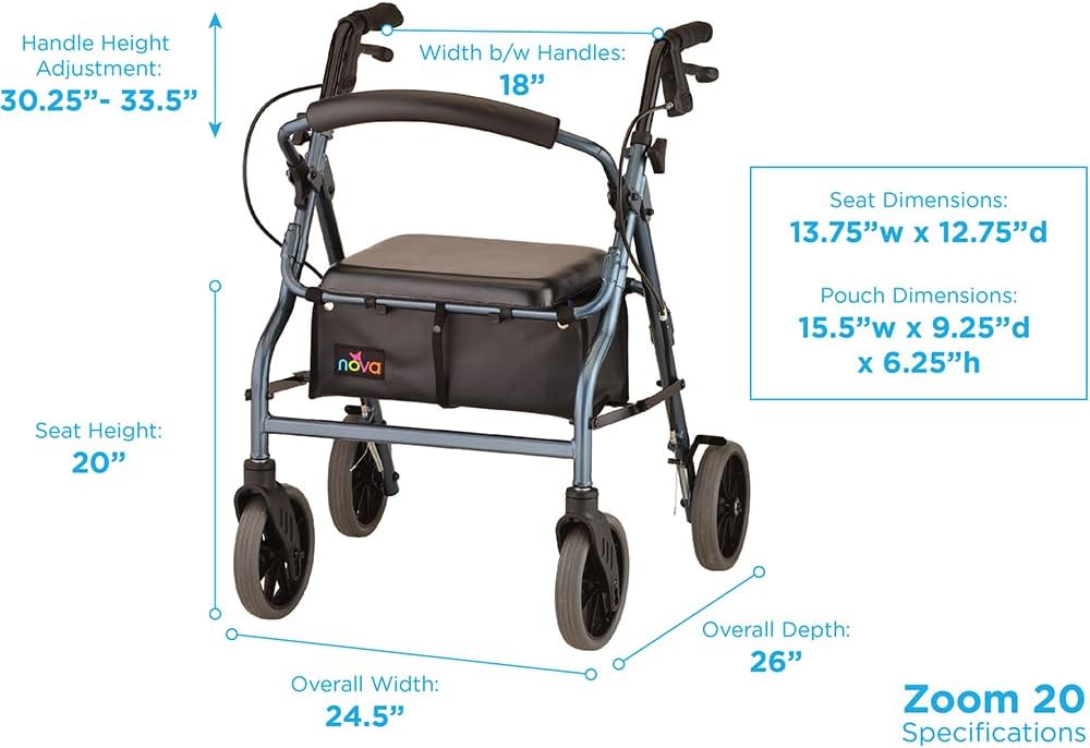 NOVA Zoom 22 Rollator Walker for Seniors, Rolling Walker with Locking Hand Brakes, Padded Seat & 8" Wheels, Lock N Load for Easy Transport & Storage, Adjustable Height 5'5"–6'1", Red