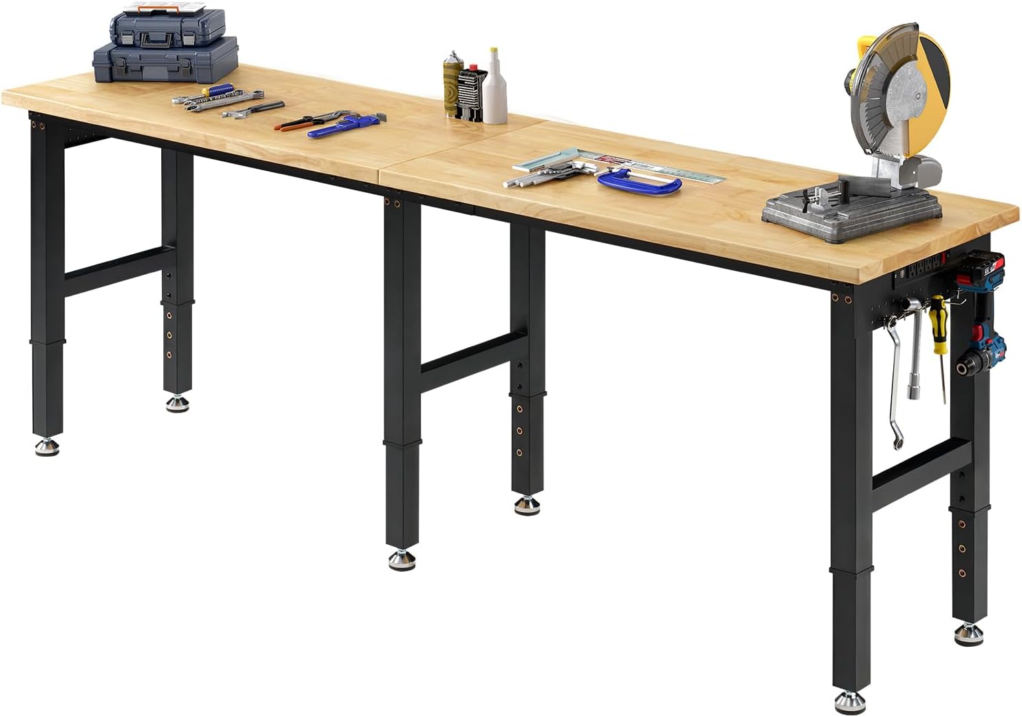 SPECRAFT Adjustable Black Heavy-Duty Workbench | 2000 Lbs Capacity, Rubber Wood Top, 4 AC Outlets and 2 USB Ports, for Garage, Workshop and Office