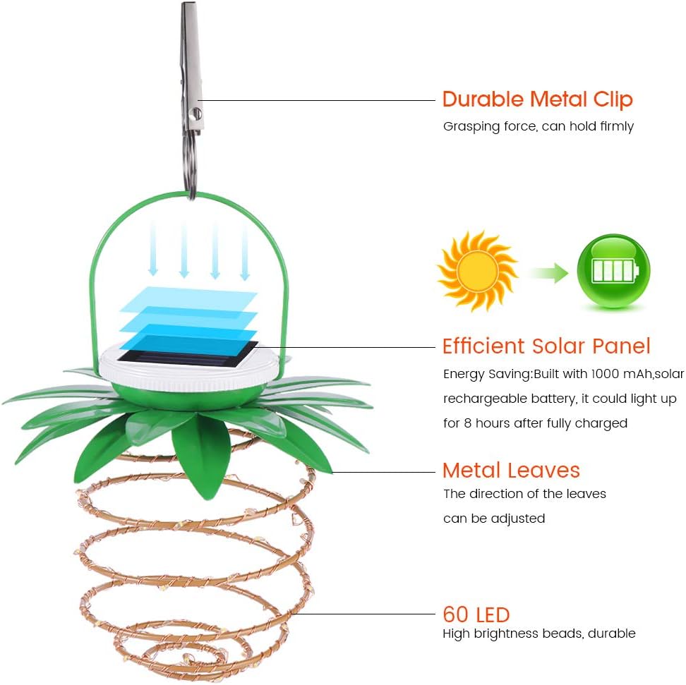 2 Pack Pineapple Solar Lights Outdoor Waterproof Garden Hanging Lamp 60 LED Dusk to Dawn Sensor Solar Lantern Lamp for Patio Yard Pathway Porch