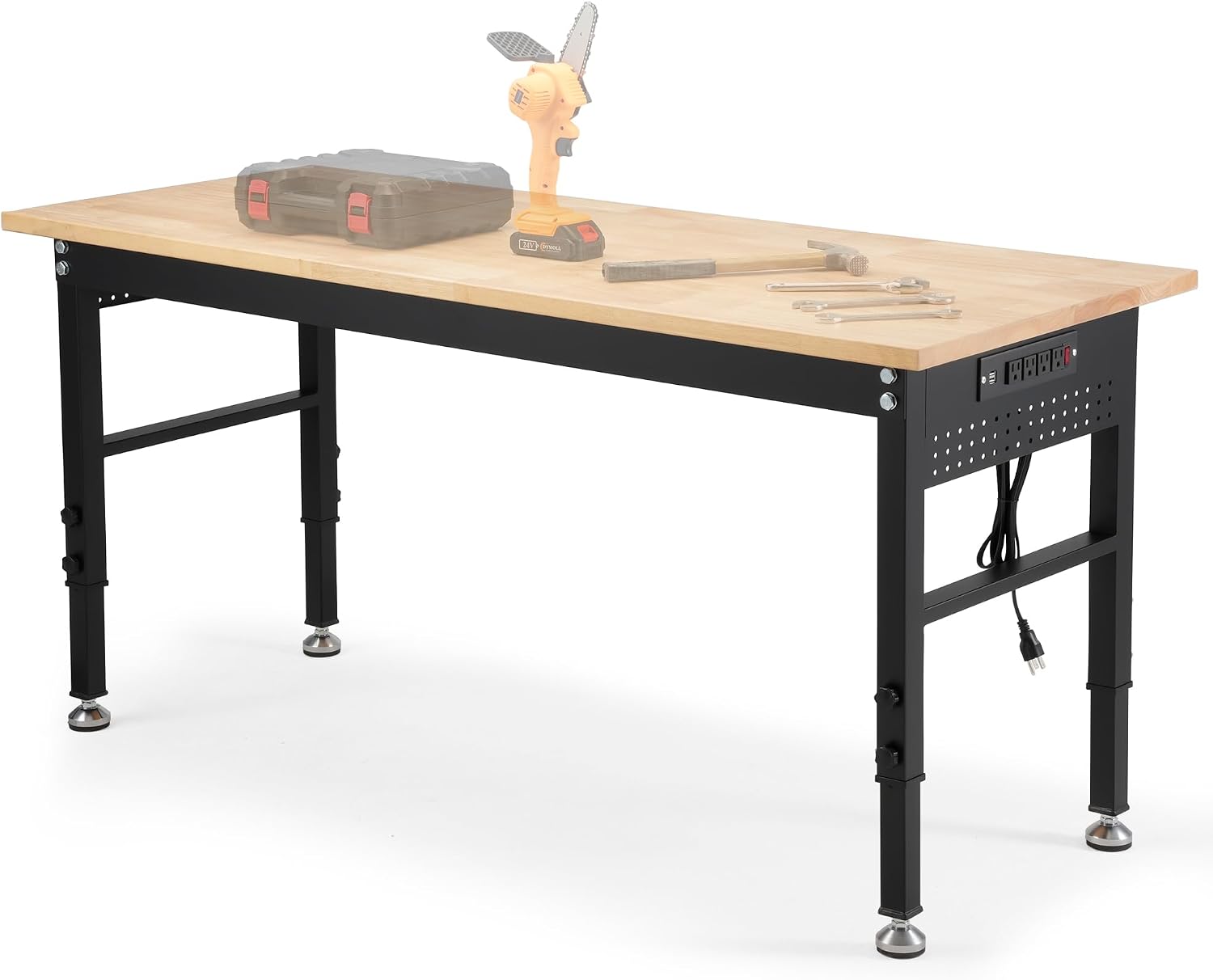 48" Adjustable Rubberwood Workbench with Foldable Extension Board & Power Outlet, Extra Large 48x32In 9-Level Height 27"-37", 2000 LBS Heavy Duty for Workshop Garage Office Home