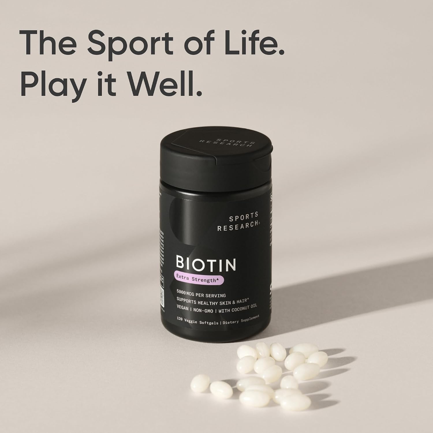 Sports Research® Biotin 10,000mcg w/Coconut Oil, 120 Count Plantgels™ | Max Strength Vegan Biotin (Vitamin B7) for Healthy Skin and Hair Support | Non-GMO, Gluten & Soy-Free, 120 Servings