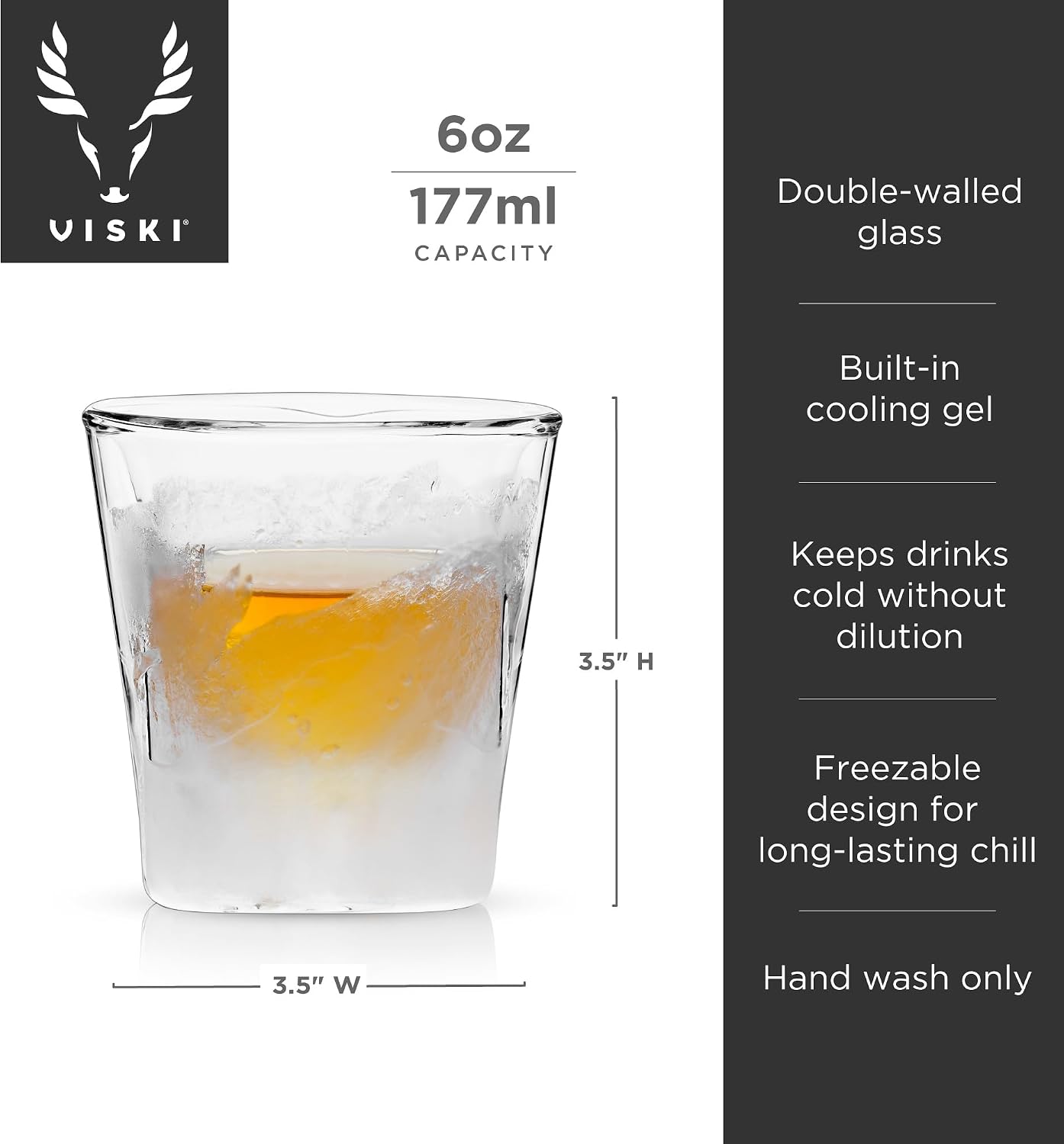 Viski Glacier Whiskey Glass, Double Walled Chilling Whiskey Glass, Active Cooling Gel, 6 Ounces, Clear Glass, Chilling Technology, Set of 1