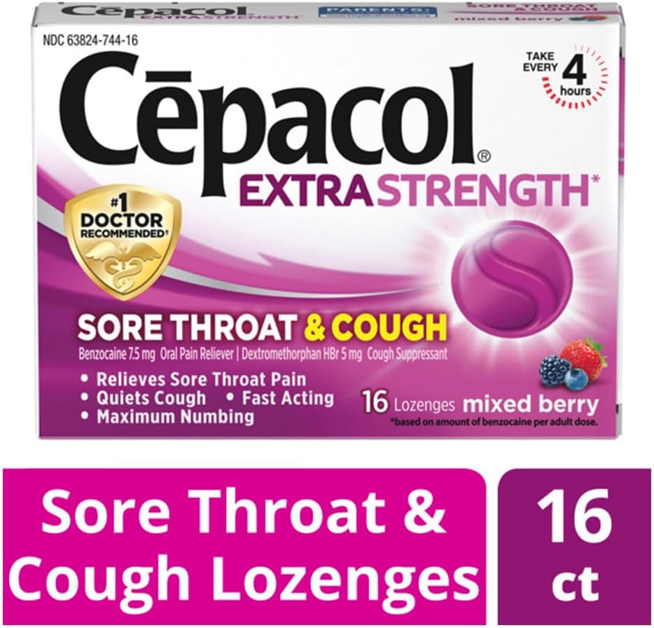 Cepacol Extra Strength Sore Throat & Cough Relief Lozenges, 16 Count, Mixed Berry Flavor, Maximum Numbing, Fast Acting Relieves Sore Throat Pain, and Quiets Cough (Pack of 4)