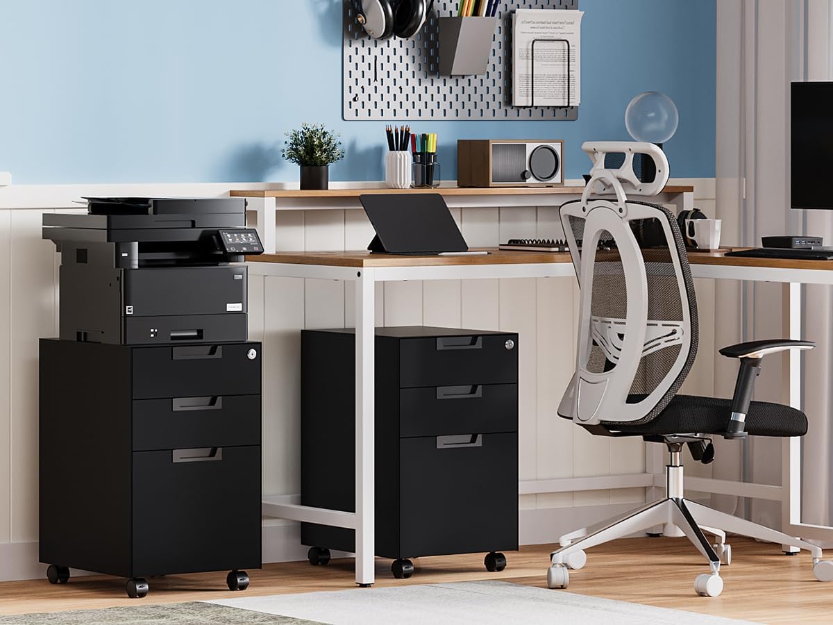 MIIIKO 3 Drawer File Cabinet with Lock, Metal Lateral Rolling Printer Stand Filing Cabinets for Home Office Storage,A4, Letter,File Folders(White)