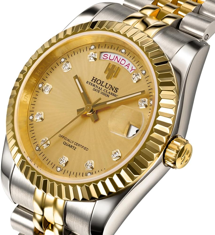 41MM Men's Gold Plated Stainless Steel Waterproof Quartz Watch Luxury Wristwatch with Date Week Display