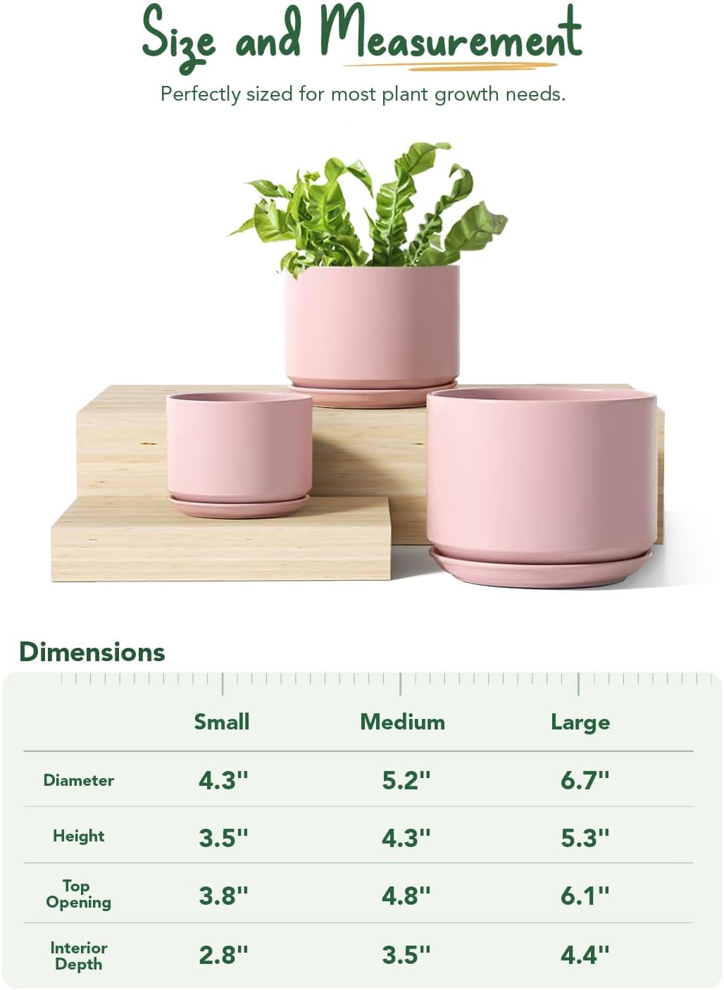LE TAUCI Ceramic Plant Pots, 4.3+5.3+6.8 inch, Set of 3, Planters with Drainage Hole and Saucer, Indoor Flower Pot with Hole Mesh Pad, Gifts for Mom