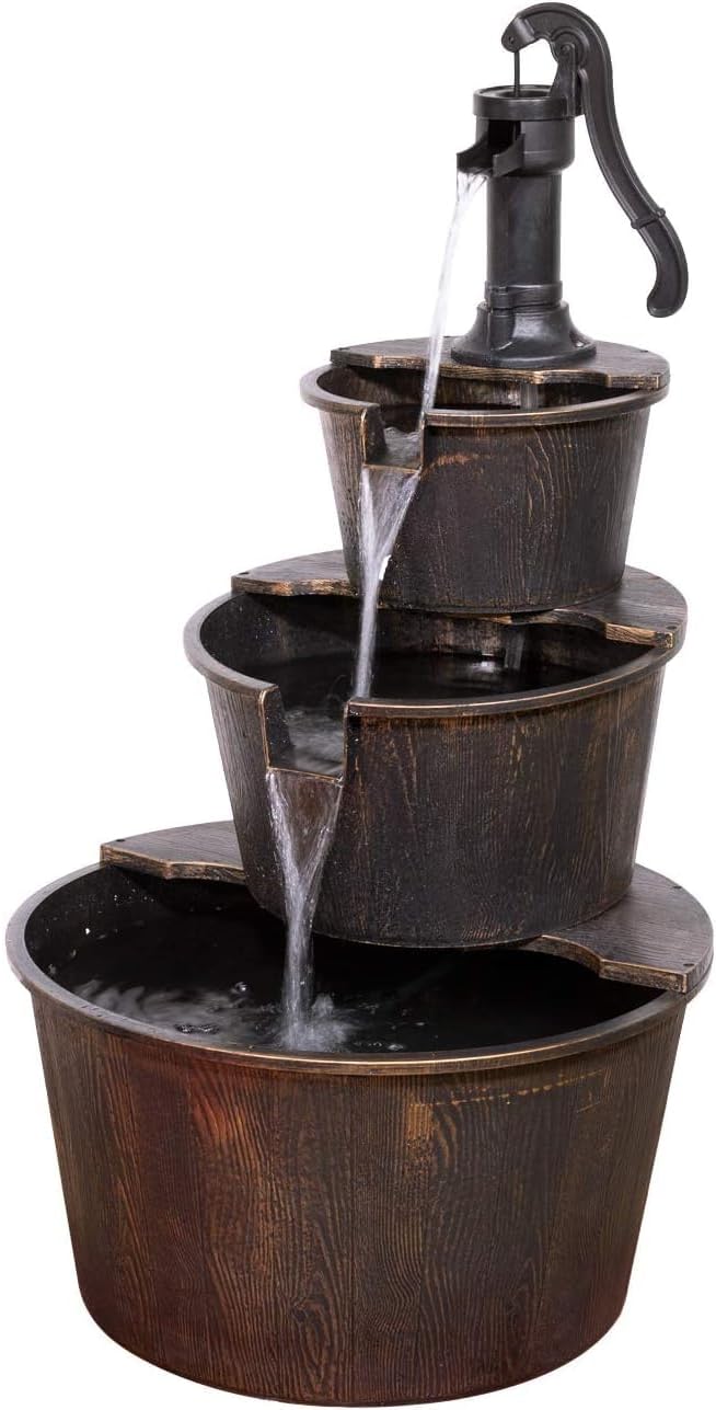 Alpine Corporation 40" Tall Outdoor Floor Tiered Rustic Pump and Barrel Water Fountain, Old-Fashioned Waterfall for Garden, Patio, Yard Decor