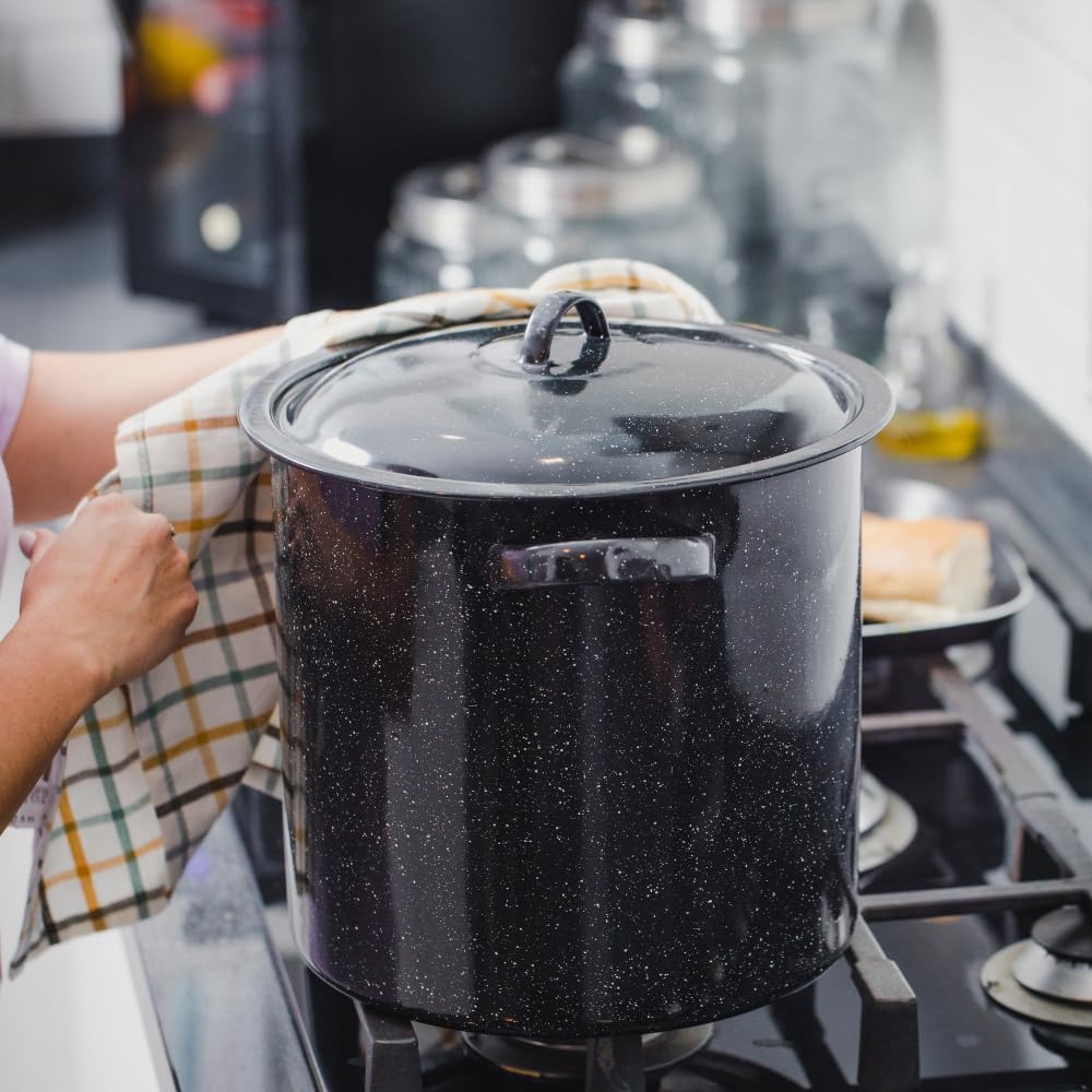 Granite Ware 15.5 Qt Stock Pot with Lid - Speckled Black | Graniteware Stockpot, 15.5 Qt, Porcelain Fused To Steel, Even-Heating Steel Core