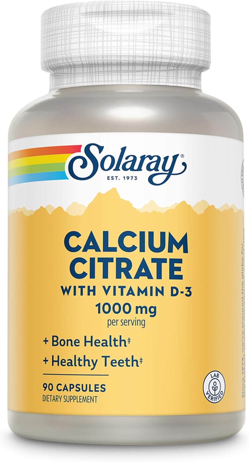 SOLARAY Calcium Citrate with Vitamin D3 1000 mg, 240 Capsules | Bone, Teeth, Muscle & Nerve Support - Gentle Digestion Formula - 60 Servings - Lab Verified
