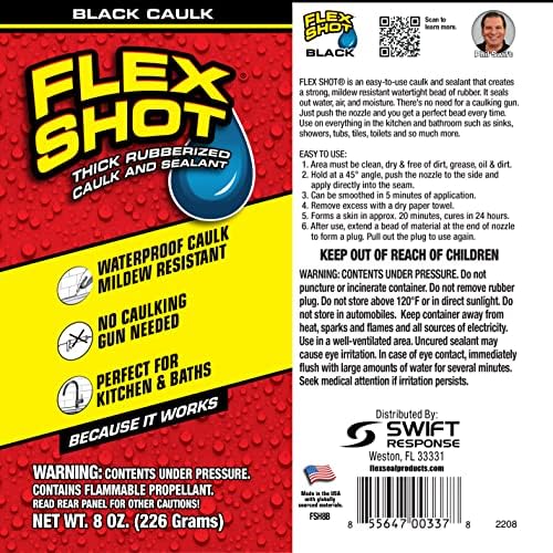 Flex Shot, Flexible Rubber Silicone Sealant, Waterproof Caulk, UV Resistant, No Caulk Gun Needed, Perfect for Kitchen, Bath, Showers, Sinks, Baseboards, Black, 8oz, 1-Pack