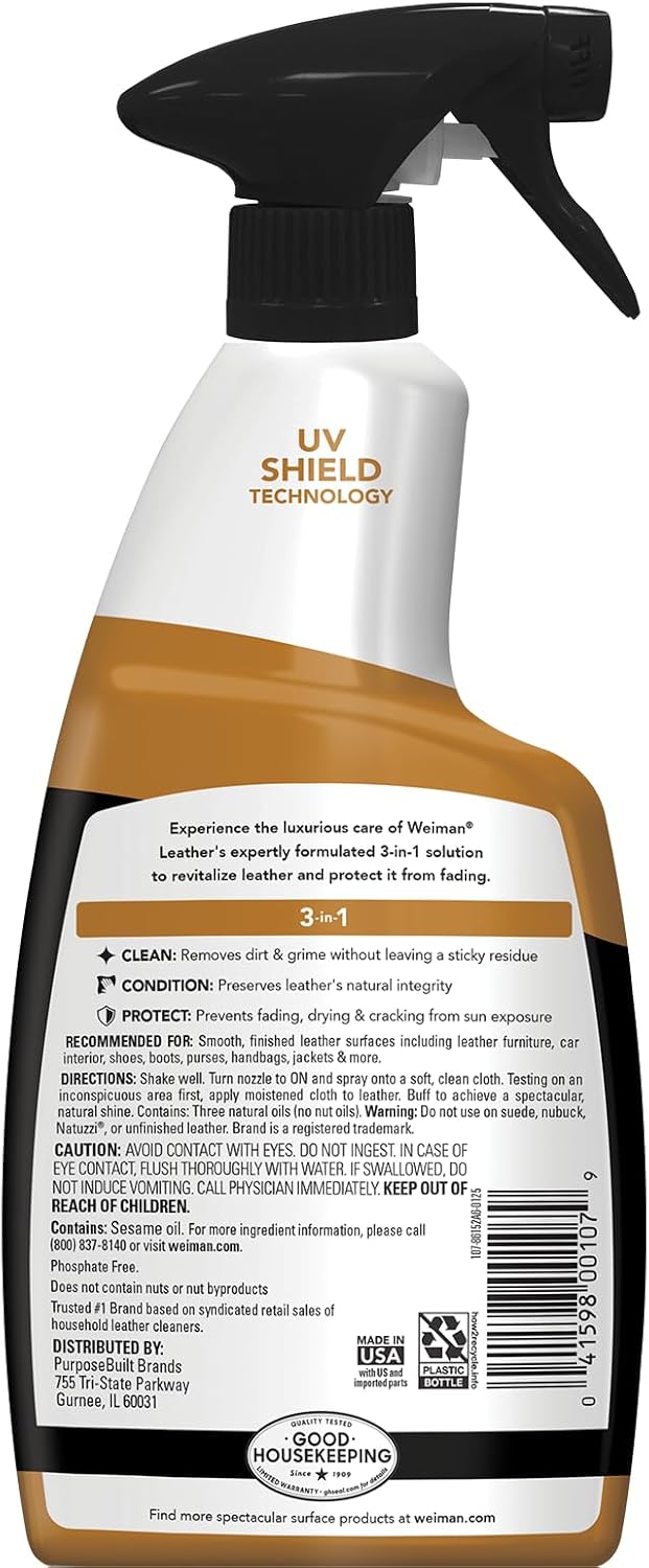 Weiman Leather Cleaner, Polish and Conditioner for Furniture, Car, Purses, Shoes, Boots and Couches- Micro Fiber Towel Included, 22oz